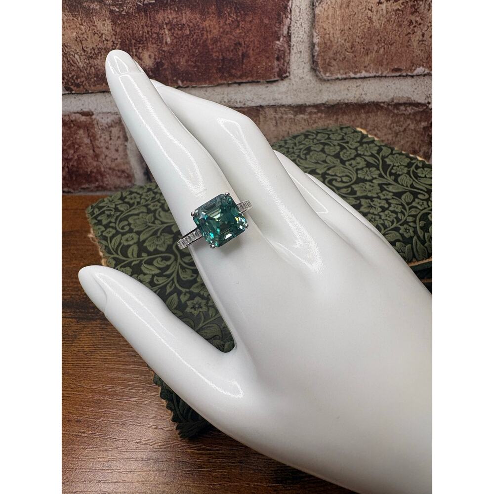 5 Carat Asscher Cut Teal Moissanite Ring 925 Sterling Silver Size 9